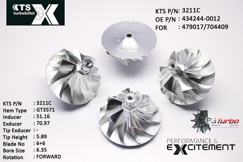 Turbo ROUE FORGÉE MFS PERFORMANCE - 6+6 PALES - INDUCER : 51,16 - EXDUCER : 70,97 - TYPE : GT3571ANGLE : 45° - ROTATION : Forward - SUPER BACK : 4,75 - BORE SIZE : 6,35
